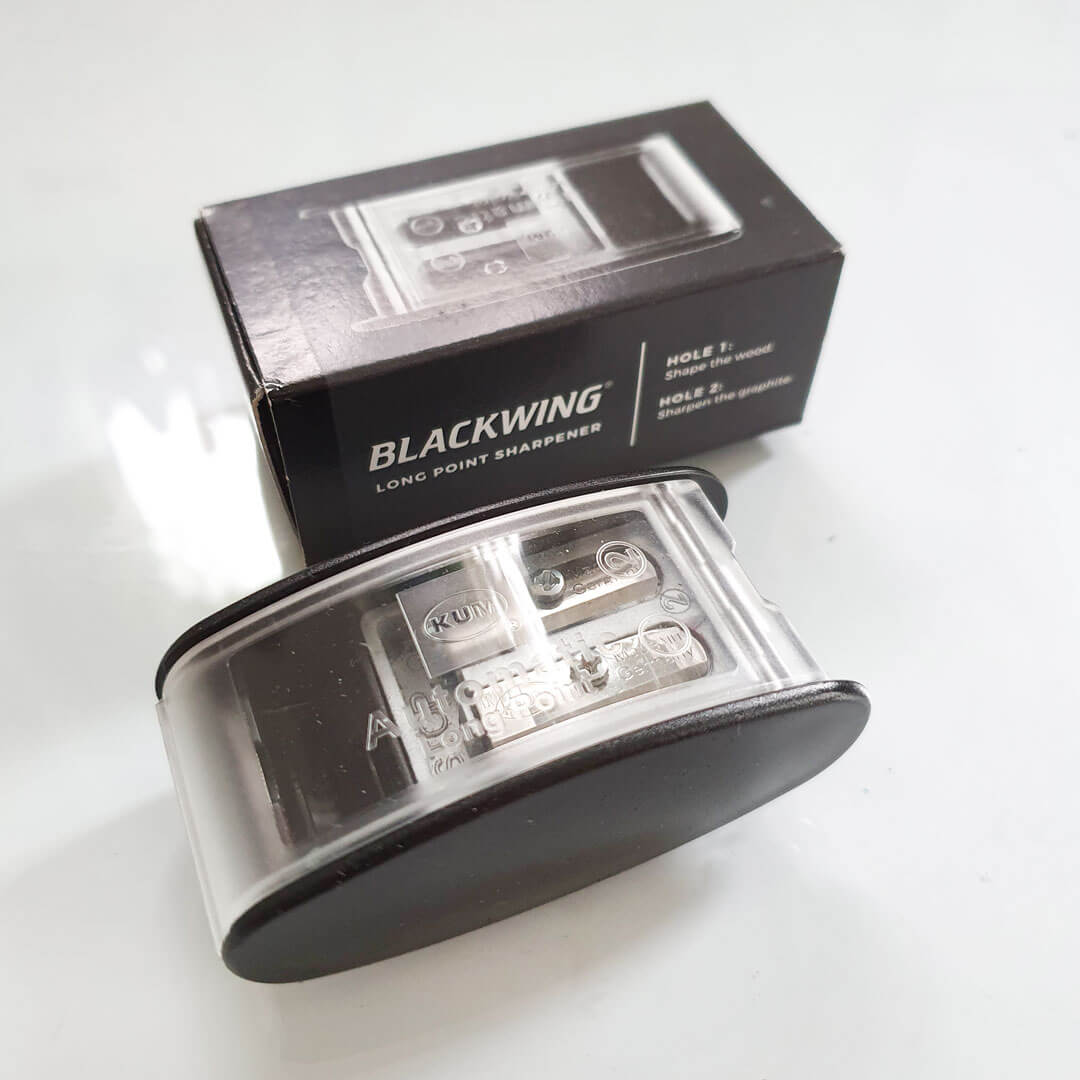 Image shows Blackwing edition of the KUM pencil sharpener. 
