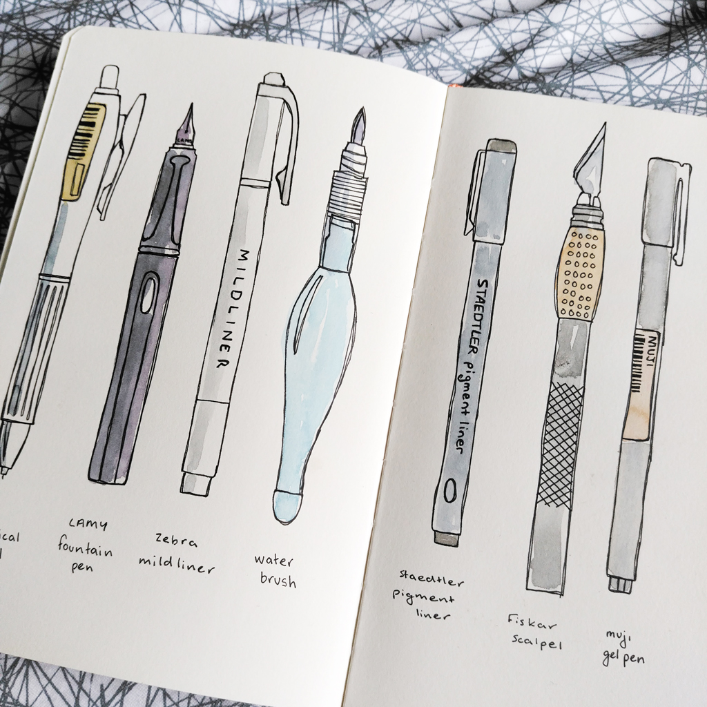 sketchbook page showing illustration of tools used to create artwork (pen, mechanical pencil, highlighter, waterbrush, artists knife)